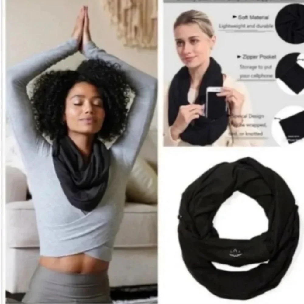 BEYOND YOGA Black/Dark Gray Infinity Scarf with Zip Pocket New with Tag W-115
